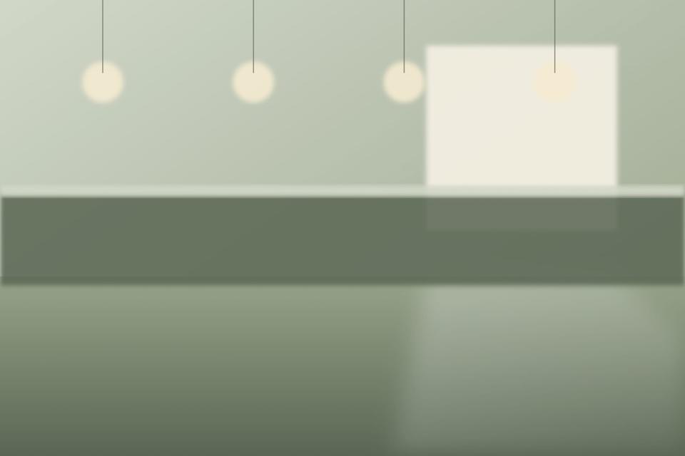 Tea room with a long counter under a woven ceiling